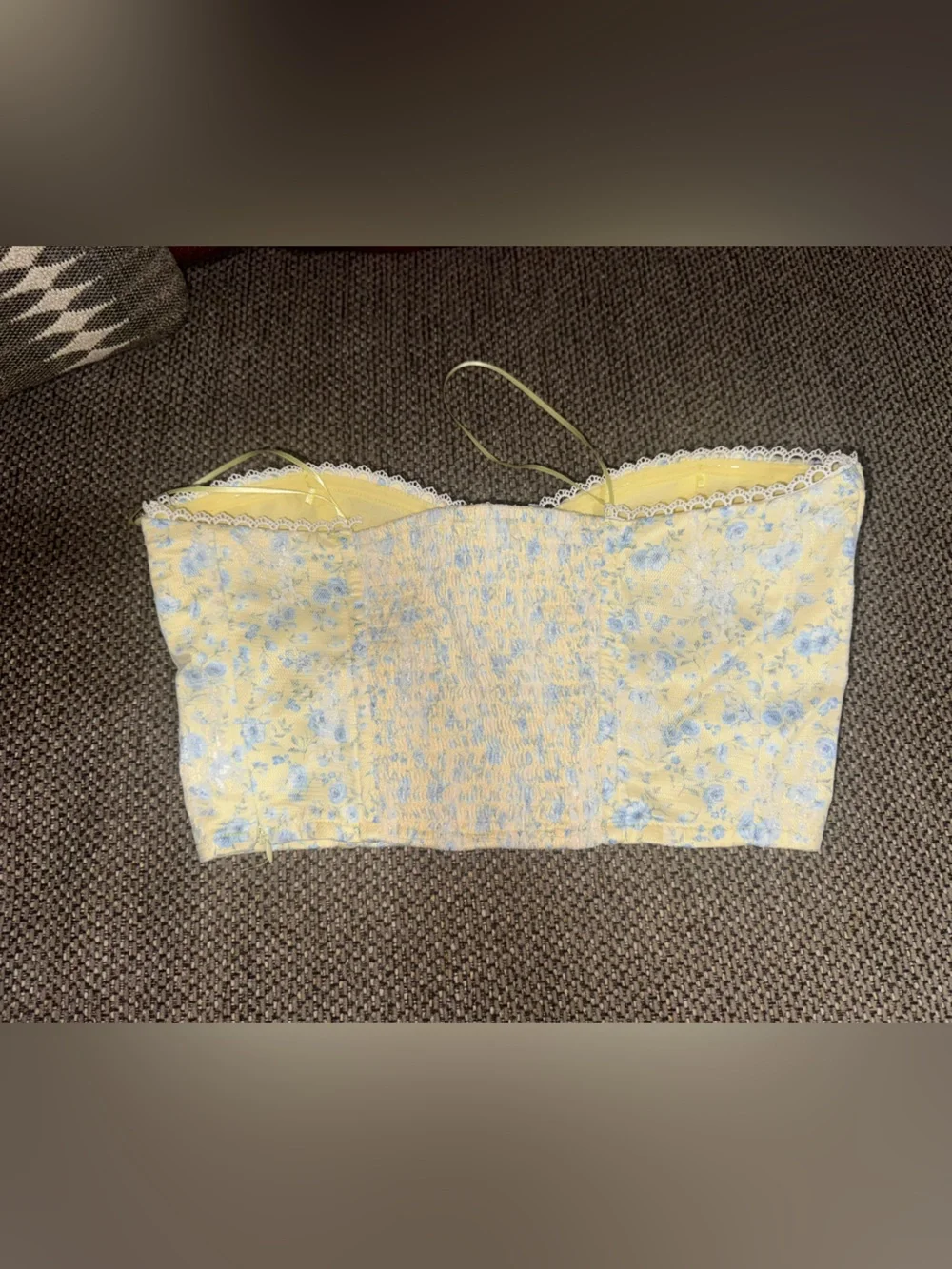 Altar'd State Yellow Strapless Floral Crop Top with Blue Accents
